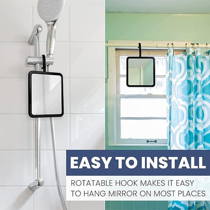 MIRRORVANA Real Glass Hanging Fogless Shower Mirror - Distortion-Free & Adjustable Swivel Hook for Effortless Shaving - Fill Back Chamber/Reservoir with Hot Water for Anti-Fog Effect (8" x 7", Black)