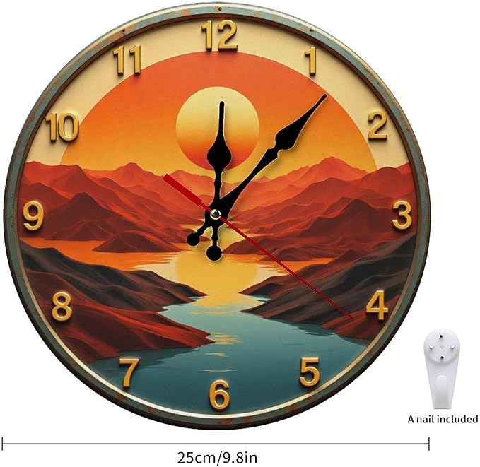 Wall Clock， Sunset Landscape Non Ticking Wall Clocks Battery Operated， Teal Wooden Wall Clocks for Kitchen， Living Room， Bedroom， Office， Bathroom Decorative 25 * 25cm