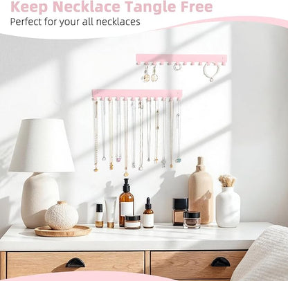 Acrylic Necklace Holder 4 Pack Wall Mounted Necklace Organizer Hanging Jewelry Organizer with 12 Hooks for Necklaces, Bracelets, Rings and Bangles Display Pink