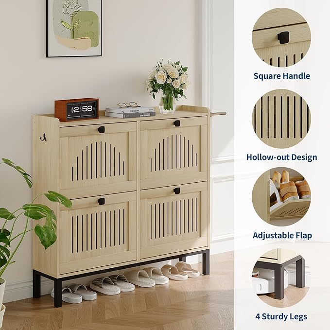 Garvee 4 Flip Drawer Shoe Cabinet with Adjustable Shelves, Hidden Shoe Organizer with Large Capacity, Freestanding Wooden Shoe Rack for Entryway, Hallway, Living Room, Natural