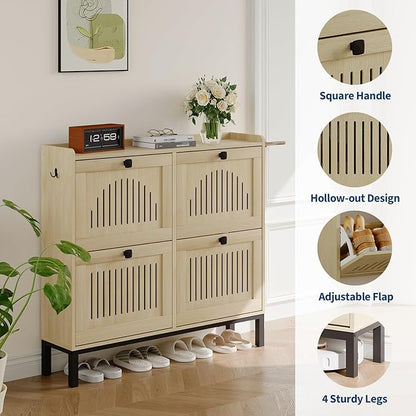 Garvee 4 Flip Drawer Shoe Cabinet with Adjustable Shelves, Hidden Shoe Organizer with Large Capacity, Freestanding Wooden Shoe Rack for Entryway, Hallway, Living Room, Natural