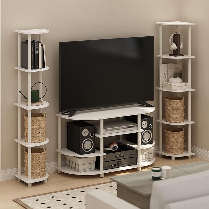 Furinno Jaya TV Stand, 4-Tier Toolless Assembly Corner Entertainment Center with Round Edges, TV Console for TV up to 44 Inch, Open Shelf Design, for Living Room, Bedroom, White