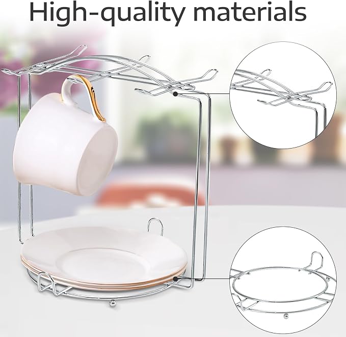 Tea Cups and Saucers Holder,Metal Tea Cups Coffee Cups Rack,Organizer for Coffee Cup Spoon and Saucers (Silver)