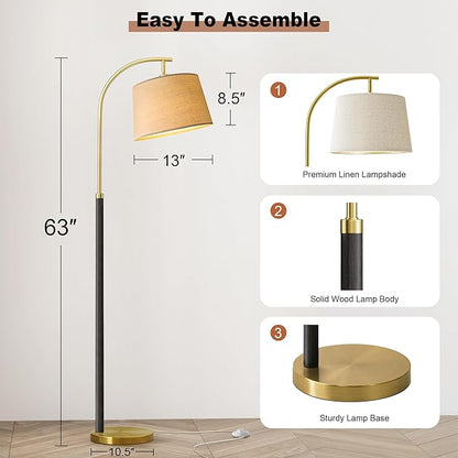 63" Wood Floor Lamps for Living Room with Foot Switch Arc Tall Standing Lamp for Bedroom Mid Century Modern Corner Gold Floor Lamps for Office Nursery Industrial Reading Lamp, Wood Black