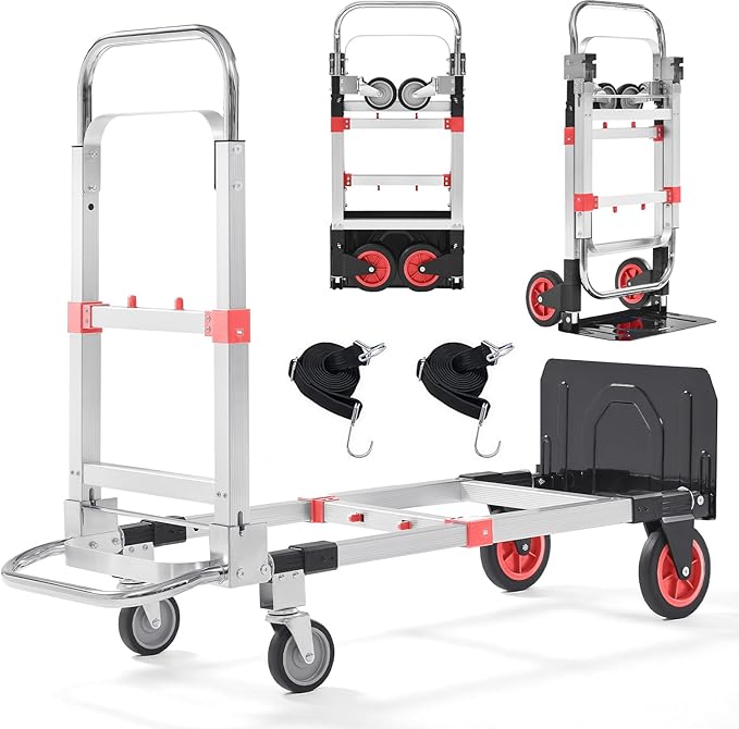 Folding Hand Truck Dolly, 500 lbs Heavy-Duty Convertible Cart, Aluminum Alloy Collapsible Design with Silent Rubber Wheels, Adjustable Handle, Flat Fold for Moving, Home, Office (red)