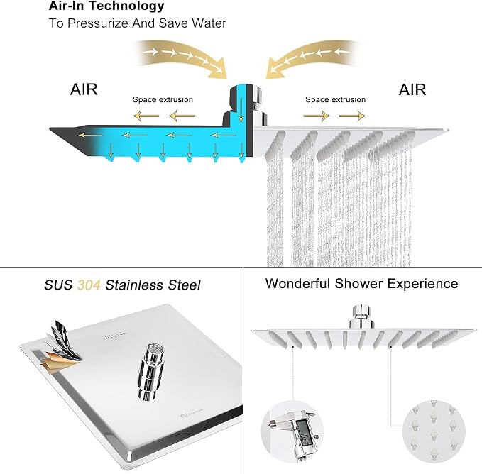 NearMoon Rain Shower Head, High Flow Stainless Steel Square Rainfall Shower, High Pressure Design, Awesome Shower Experience Even At Low Water Flow (10 Inch, Chrome Finish)