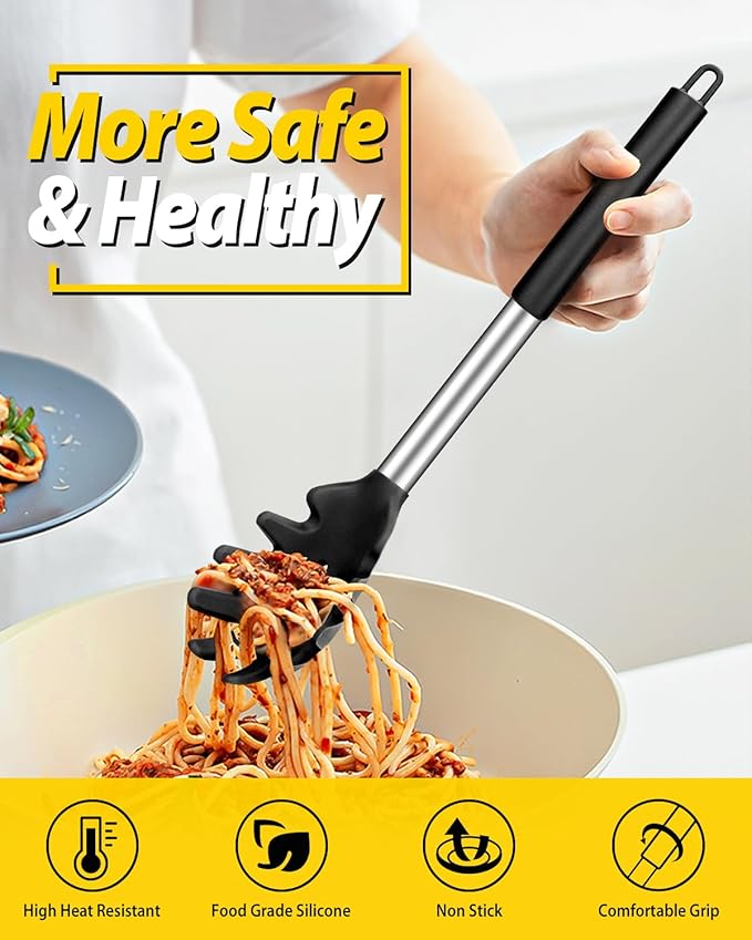 Pack of 2 Silicone Pasta Fork, Kitchen Heat Resistant Noodle Spoon Server, BPA Free Spaghetti Strainer, Best Cooking Tools (BLACK-KHAKI)