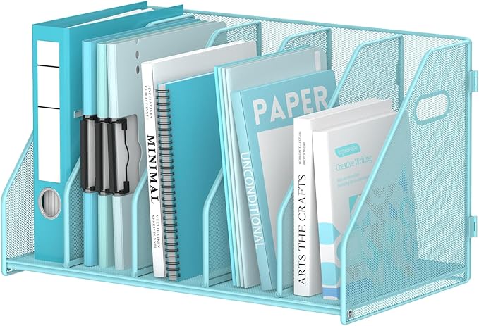 SUPEASY Binder Organizer, Magazine File Holder with 5 Vertical Compartments Rack, Metal Desk File Organizer & Binder Holders, Magazine Organizers for Office Desktop, Home, School, Classroom (Blue)