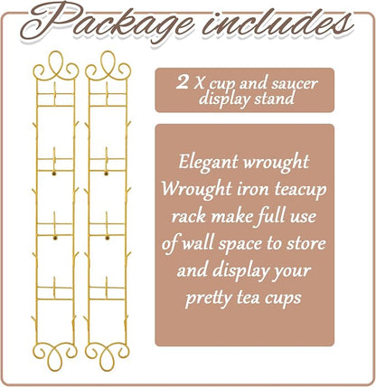 Blulu 2 Pcs Wall Mounted Tea Cup & Saucer Display Rack, 4-tier Metal Mug Holder with Plate Hangers, Decorative Wall Storage for Kitchen, Gift&Coffee Bar Display, 36'' x 5'' (Gold)