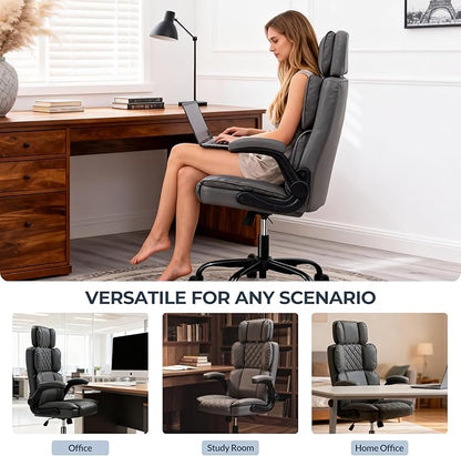 Office Chair with Adjustable Headrest, Faux Leather Executive Home Office Desk Chairs with Ergonomic Back Support, Padded Flip-Up Armrests, Swivel Rolling Computer Chair for Work, Study, Gray