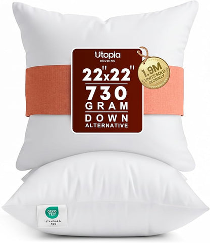Utopia Bedding 22x22 Pillow Inserts, Set of 2, White – Indoor Decorative Throw Pillows for Bed, Sofa & Couch – Soft, Supportive & Fluffy Cushion Inserts