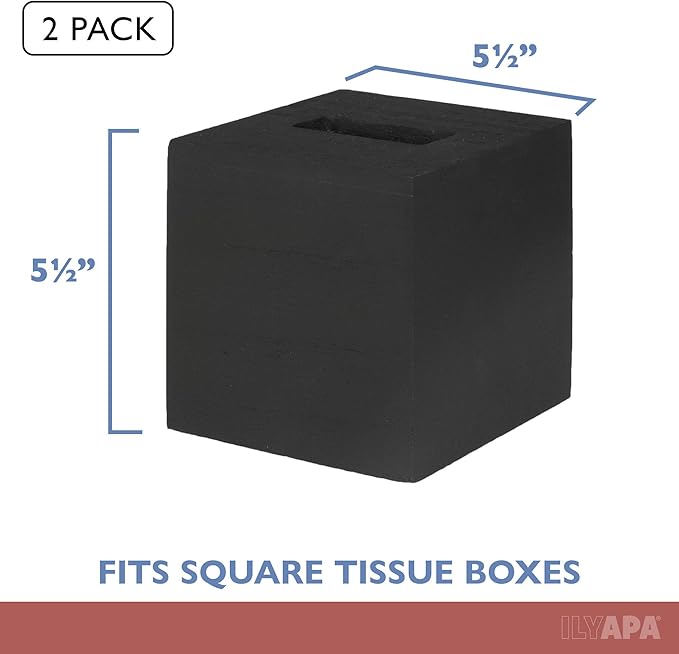 Ilyapa Wood Tissue Box Cover, 2 Pack Square - Rustic Farmhouse Black Wooden Tissue Holder