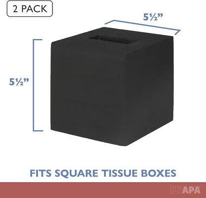Ilyapa Wood Tissue Box Cover, 2 Pack Square - Rustic Farmhouse Black Wooden Tissue Holder