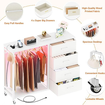 Cyclysio Dresser with Hanging Rack, 4 Fabric Drawers Dresser with Clothes Rack, Wooden Top Storage Chest of Drawers with Charging Station & LED Lights, Lockable Wheels, Closet