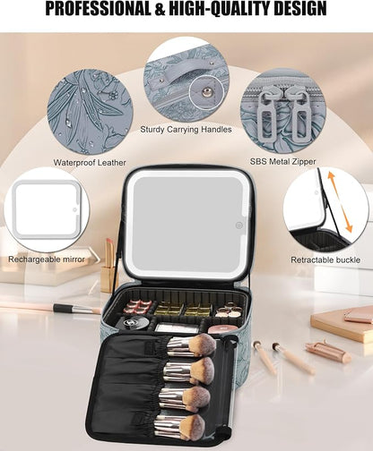Relavel Travel Makeup Bag With LED Mirror for Women, Cosmetic Organizer Bag with Adjustable Brightness in 3 Color Scenarios, Detachable Dividers, Waterproof Train Case for Daily - Dark Blue FLower