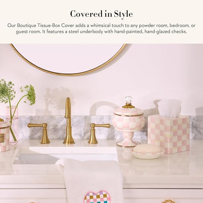 MACKENZIE-CHILDS Boutique Square Tissue-Box Cover, Tissue Holder for Home Decor, Pink-and-White Rosy Check
