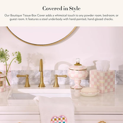 MACKENZIE-CHILDS Boutique Square Tissue-Box Cover, Tissue Holder for Home Decor, Pink-and-White Rosy Check