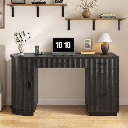 ONBRILL 58 Inch Fluted Executive Desk, Computer Desk with Storage Drawers & File Drawer, Modern Home Office Desk with Charging Station for Working, Studying, Writing, Black