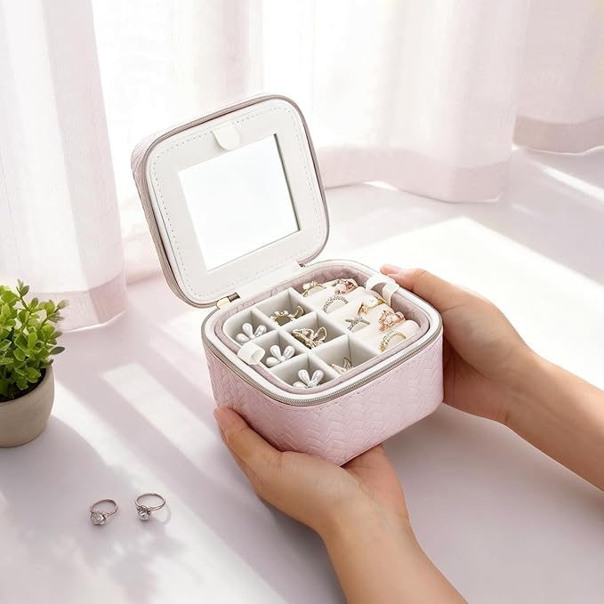 DesignSter Travel Jewelry Case for Woman, Small Travel Jewelry Box with Mirror,4.72×4.72×3.54 inches,Portable Design Travel Jewelry Organizer,Double Headed Zipper