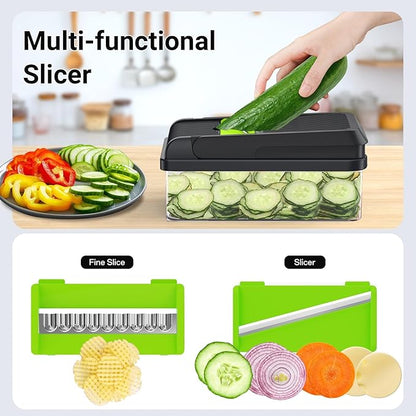 SpaceHacks 12-in-1 Vegetable Chopper, Kitchen Gadgets with 7 Blades, Veggie, Food, Onion Chopper, Cucumber Slicer, Versatile Mandoline, Includes Egg Separator & Finger Guard, Green