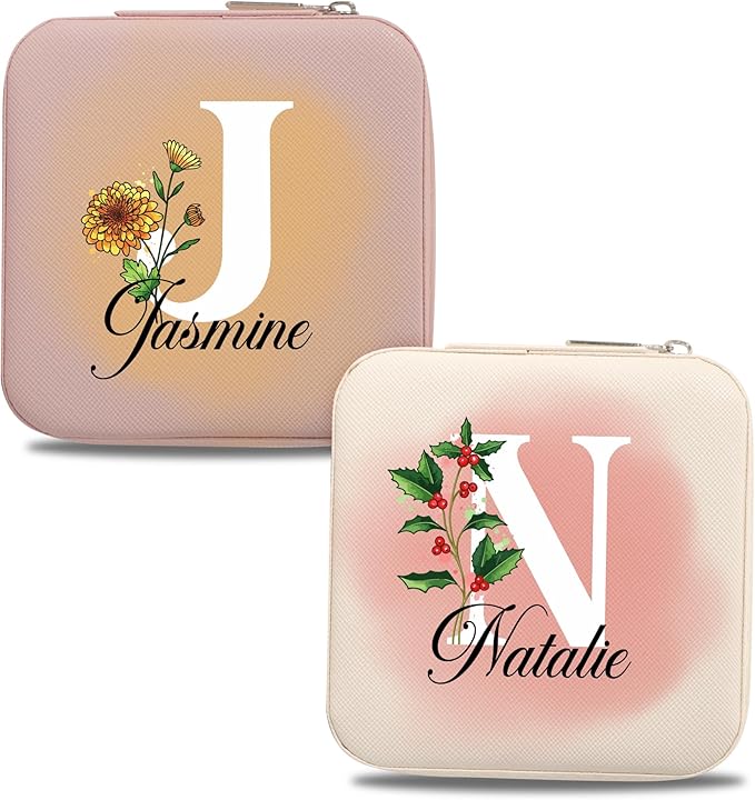 Custom Leather Jewelry Box w/Name & Birth Flower Month - Birthday Gifts for Women, Personalized Jewelry Travel Case - Customized Jewelry Organizer Box, Mom Birthday Gifts