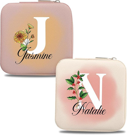 Custom Leather Jewelry Box w/Name & Birth Flower Month - Birthday Gifts for Women, Personalized Jewelry Travel Case - Customized Jewelry Organizer Box, Mom Birthday Gifts