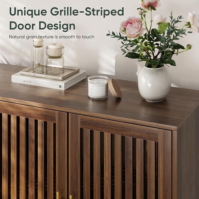 63" Long Sideboard Buffet with 4 Slatted Doors, Farmhouse Buffet Storage Cabinet with Adjustable Shelf, Coffee Bar Cabinet for Entryway, Kitchen, Dining Room, Living Room, Walnut Color | 4 Louvered Doors, Farmhouse Buffet, Storage Cabinet, Gold Handle,...