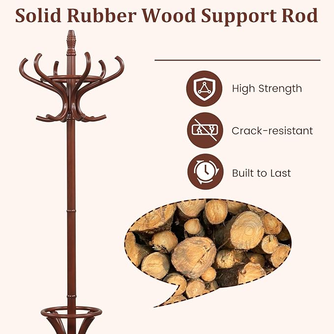 Tangkula Coat Rack with Umbrella Holder, 73 Inch Freestanding Coat Hanger Stand with 12 Hooks, Wooden Entryway Coat Tree for Clothes, Bags, Hats, Scarves, Living Room, Bedroom, Hallway (Reddish Brown)