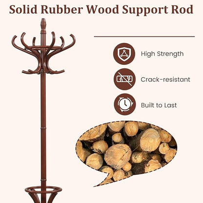 Tangkula Coat Rack with Umbrella Holder, 73 Inch Freestanding Coat Hanger Stand with 12 Hooks, Wooden Entryway Coat Tree for Clothes, Bags, Hats, Scarves, Living Room, Bedroom, Hallway (Reddish Brown)