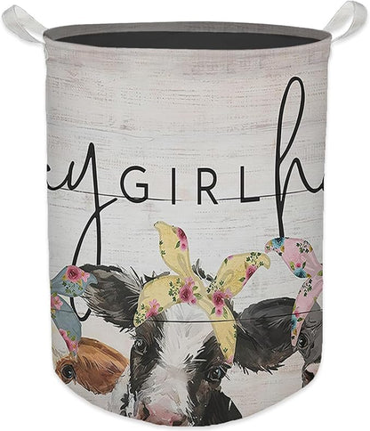 HKTZM Farmhouse Cow Laundry Basket, Hay Girl Hay Waterproof Collapsible Laundry Hamper Dirty Clothes Storage Toy Bin Organizer for Girls Kids Room Bathroom Bedroom Nursery