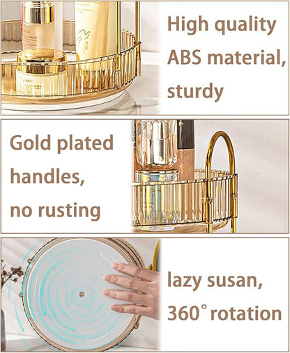 Rotating Makeup Organizer for Vanity, High-Capacity Skincare Clear Make Up Storage Perfume Organizers Cosmetic Dresser Organizer Countertop 360 Spinning (Gold, 3 Tier)