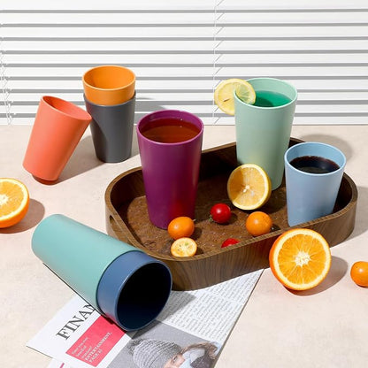 HEYCOME Set of 16 Wheat Straw Cups, 8 Pcs 20 oz & 8 Pcs 12 oz Unbreakable Drinking Cups, Reusable Plastic Cups Sets, Water Glasses Tumblers, Microwave & Dishwasher Safe, Bpa Free, 8 Colors