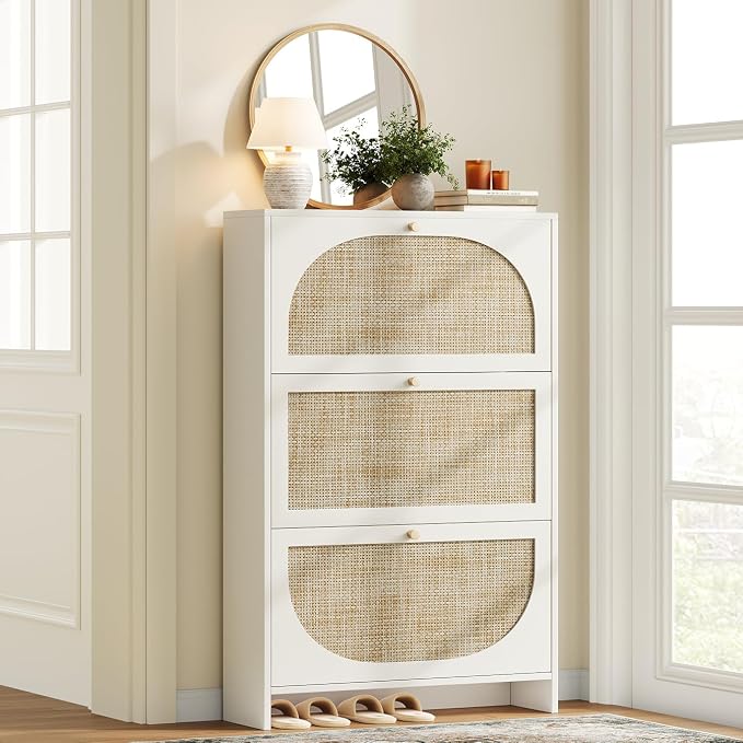 Nicetree Shoe Cabinet Storage for Entryway Slim 9.5" Freestanding Floor Base Shoe Storage Cabinet, 3 Flip Drawers with 3-Position Adjustable Divider, Holds 16-36Pairs, Bright White