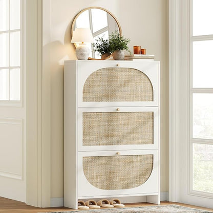 Nicetree Shoe Cabinet Storage for Entryway Slim 9.5" Freestanding Floor Base Shoe Storage Cabinet, 3 Flip Drawers with 3-Position Adjustable Divider, Holds 16-36Pairs, Bright White