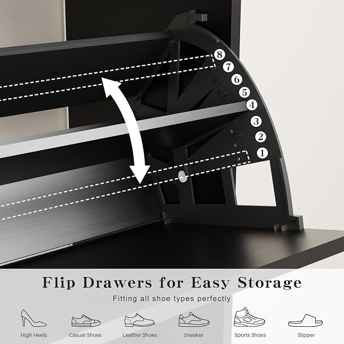 Shoe Storage Cabinet with 2 Flip Drawers & Adjustable Shelves,Freestanding Shoe Cabinet Storage with Side Hooks Narrow Shoe Rack Cabinet for Entryway,Hallway,Rustic Black