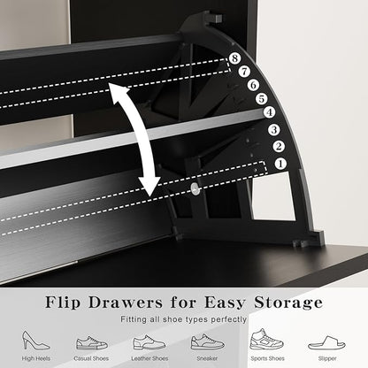 Shoe Storage Cabinet with 2 Flip Drawers & Adjustable Shelves,Freestanding Shoe Cabinet Storage with Side Hooks Narrow Shoe Rack Cabinet for Entryway,Hallway,Rustic Black