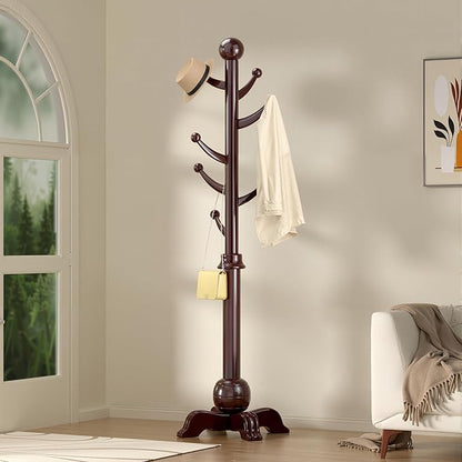 Hall Tree, Freestanding Wood Tree Rack with 7 Hooks, Coat Rack with Stable Sphere Base, Wooden Coat Rack Stand, Load 210 lb, Coat Hanger Stand for Entryway, Hallway, Bedroom (Black-Red)