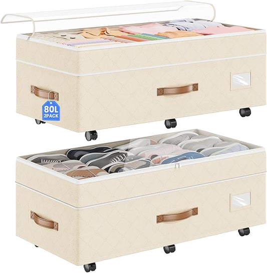 Budding Joy Under Bed Storage with Wheels 2Pack, 80L Height Adjustable Underbed Containers with Clear Lids, Rolling Under Bed Shoe Storage Organizer for Dorm Home Clothes, Blankets, Toys, Beige