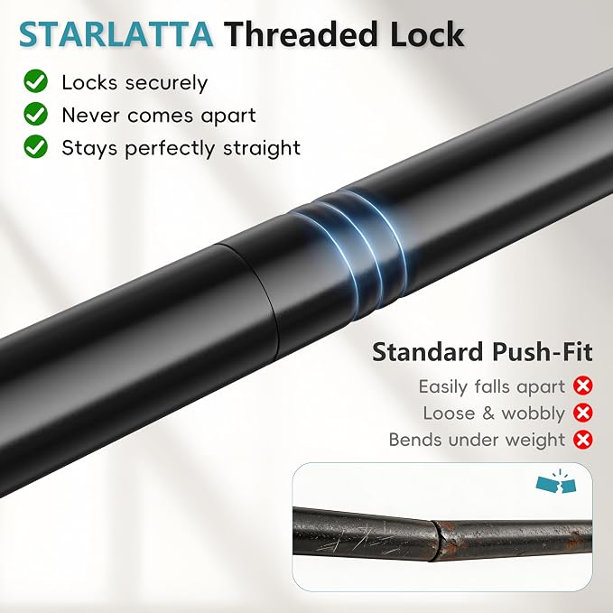 STARLATTA Heavy Duty Black Closet Rod: 17-84 Inch Stepless Adjustable Clothes Hanging Bar, 1.3" Diameter Metal Wardrobe Pole with Brackets, No-Cut, for Laundry & RV
