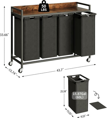 Herture Laundry Hamper with Shelf, Laundry Basket 4 Section, Laundry Sorter with Pull-Out Removable Large Bags and Movable Wheels, Metal Frame, 4 x 15.87 Gallons (60L), Rustic Brown + Black PF07XLY
