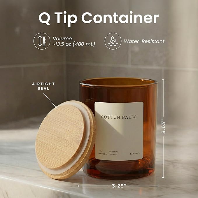 Maisonovo Glass Bathroom Containers with Lids (Airtight) - Qtip Holder - Apothecary Jars for Cotton Rounds, Swabs, Balls - Amber Bamboo Q Tip Dispenser - 2 pc Bathroom Canisters Set for Organization