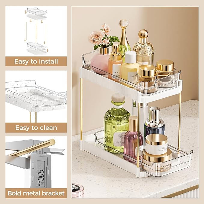 2 Tier Bathroom Counter Organizer, Removable Clear Tray Vanity Shelf for Makeup, Perfume, Skincare,Slide out Cosmetics Countertop Storage Rack for Bathroom Dresser，White