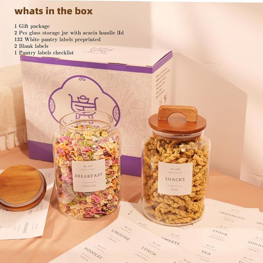 2 Pack Large Glass Flour and Sugar Containers with 132 Pantry Labels - 64 FL OZ Glass Canisters with Bamboo Airtight Lids - Farmhouse Glass Cookie Jars for Rice, Pasta, Cereal, Bath Salt