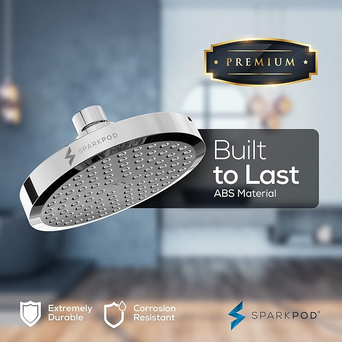 SparkPod 6" Round Rain Shower Head with 11" Shower Arm | Shower Head & Extension Arm Combo, Height Adjustable, High Pressure Performance, Easy 1-Minute Installation, Polished Chrome