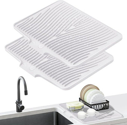 TIKNIK Silicone Dish Drying Mat for Kitchen Counter - Heat Resistant & Non-Slip Dish Drain Pad with Built-In Drain, Dishwasher Safe, Quick-Dry, Hangable & Roll-Up for Storage, White-2pcs, 20" x 15"