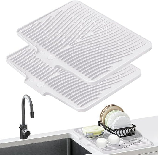 TIKNIK Silicone Dish Drying Mat for Kitchen Counter - Heat Resistant & Non-Slip Dish Drain Pad with Built-In Drain, Dishwasher Safe, Quick-Dry, Hangable & Roll-Up for Storage, White-2pcs, 20" x 15"