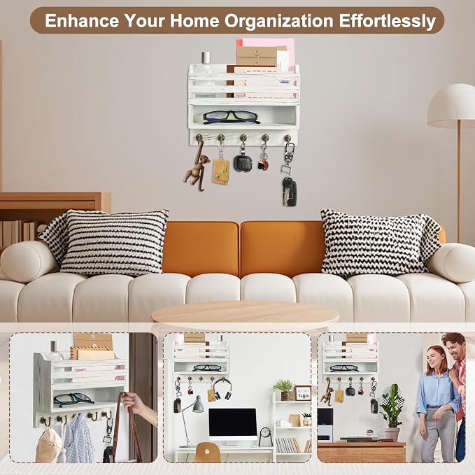 Mail and Key Organizer for Wall – Key Holder Wall Mount with Storage Box and 5 Key Hooks, Mail Holder Wall Mounted for Entryway, Apartment, Office, Home Decor Organization (White)
