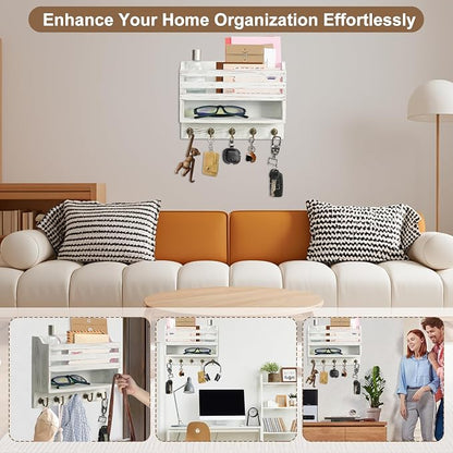 Mail and Key Organizer for Wall – Key Holder Wall Mount with Storage Box and 5 Key Hooks, Mail Holder Wall Mounted for Entryway, Apartment, Office, Home Decor Organization (White)