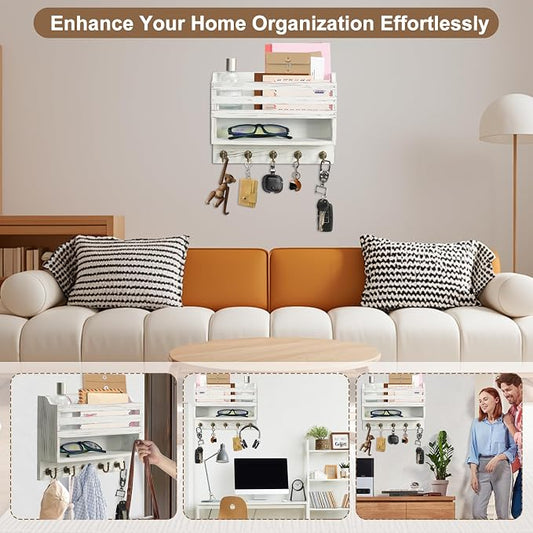 Mail and Key Organizer for Wall – Key Holder Wall Mount with Storage Box and 5 Key Hooks, Mail Holder Wall Mounted for Entryway, Apartment, Office, Home Decor Organization (White)