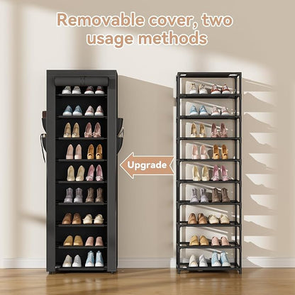 LANTEFUL Narrow Shoe Rack with Cover 10 Tier Tall Shoe Rack Organizer Large Capacity Shoe Shelf Storage 18-22 Pairs Space Saving Free Standing Shoe Storage Organizer for Closet, Entryway, Dorm, Black